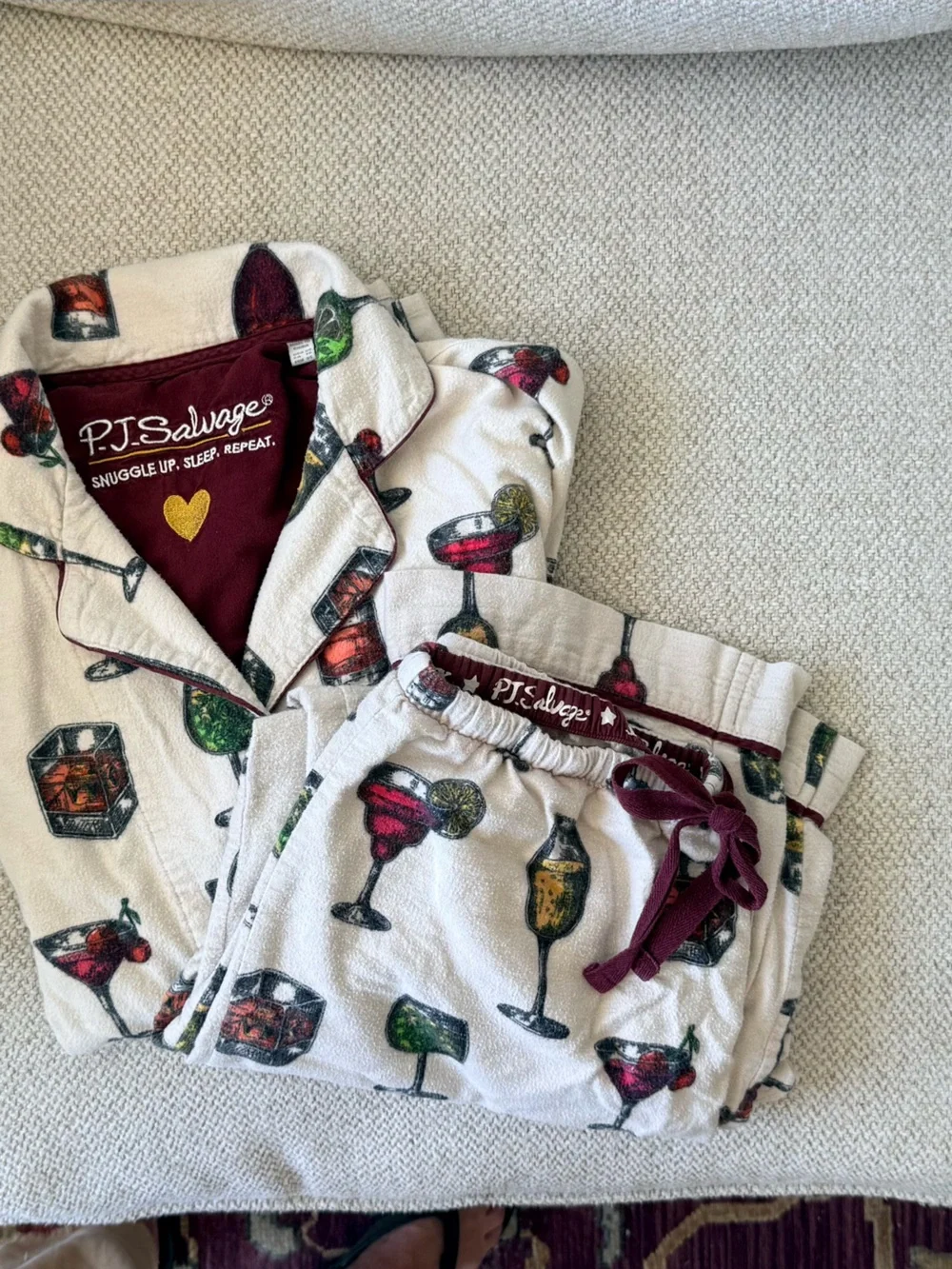 P.J. Salvage Women’s soft flannel cream color with cocktail print Pajama Set